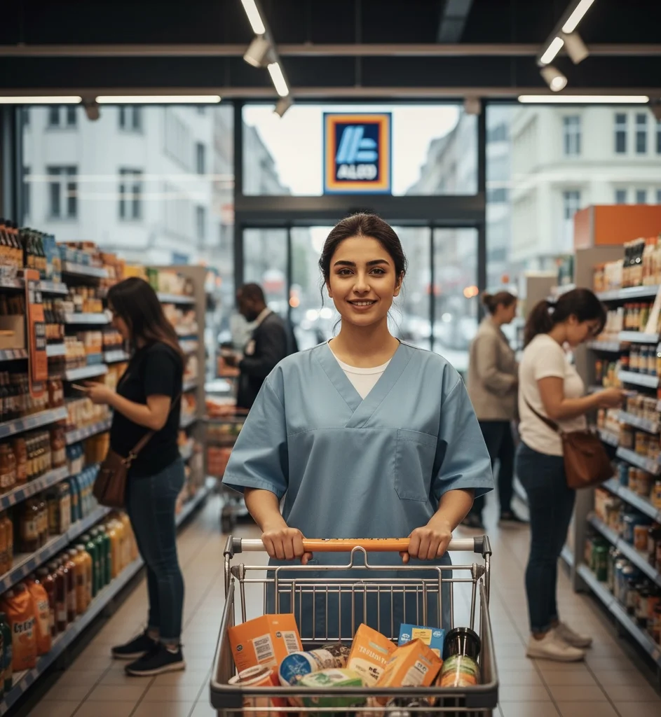 پرستار ایرانی در حال خرید اقتصادی از Aldi در برلین