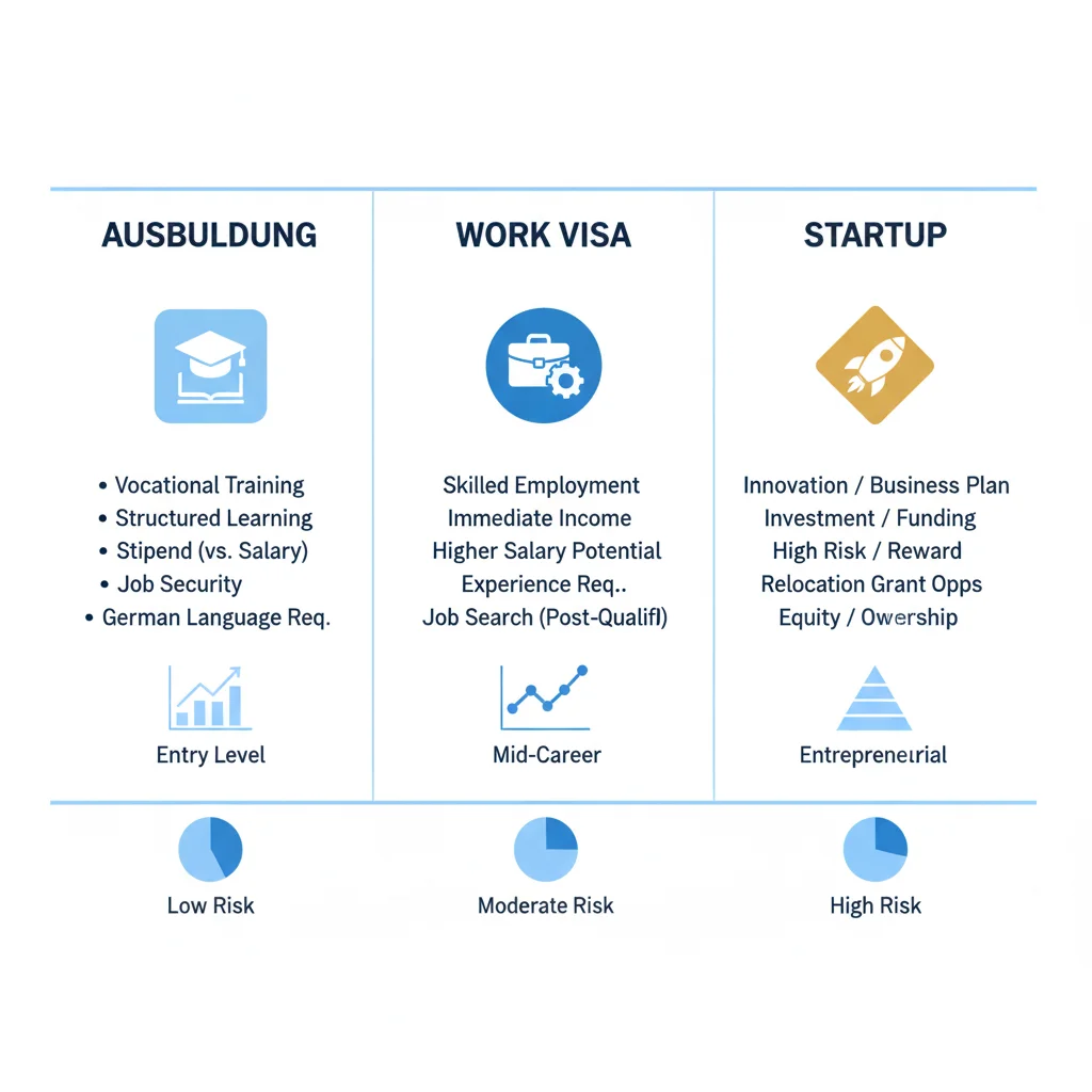 مقایسه آوسبیلدونگ، ویزای کاری، و استارتاپ با نمودارها و آیکون‌ها.