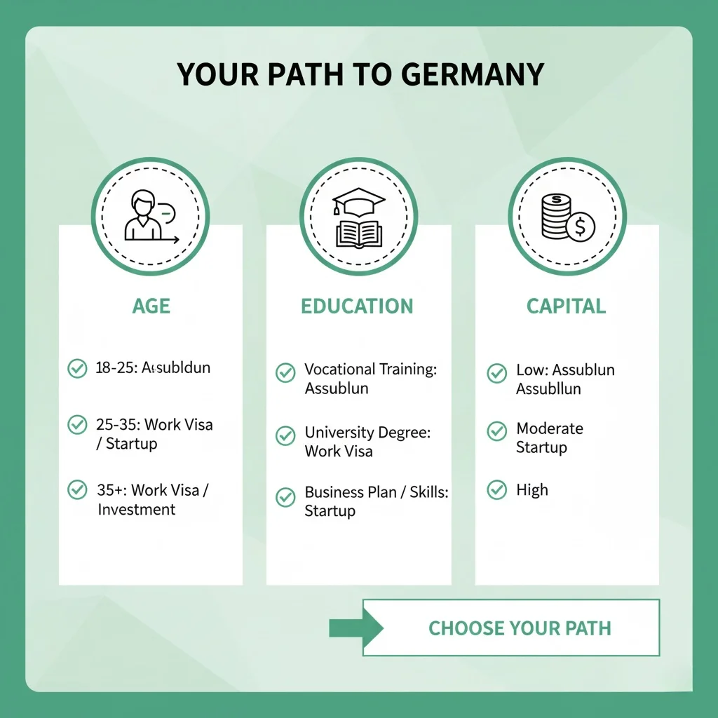 چک‌لیست انتخاب مسیر با آیکون‌های سن، تحصیلات، و سرمایه.