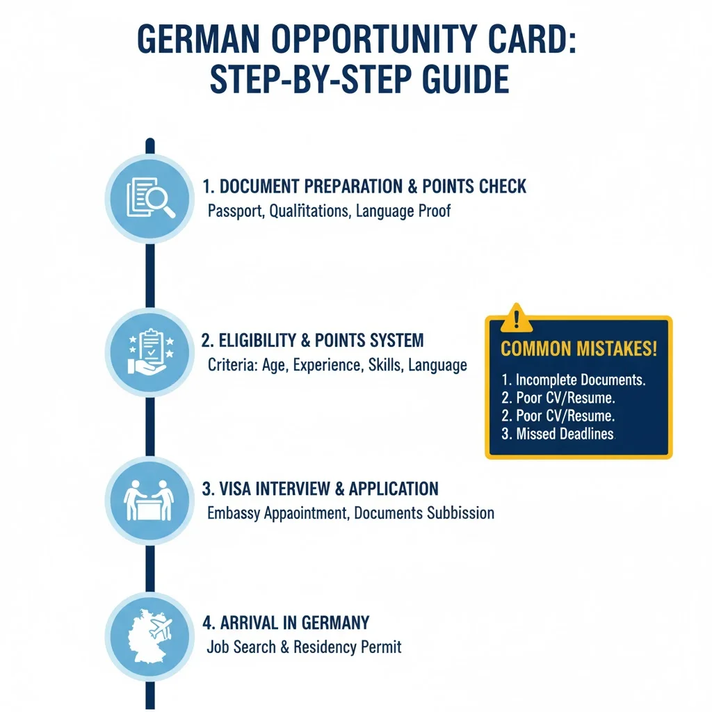 اینفوگرافیک یونیک با گرافیک وکتور: مراحل گام‌به‌گام درخواست Opportunity Card آلمان