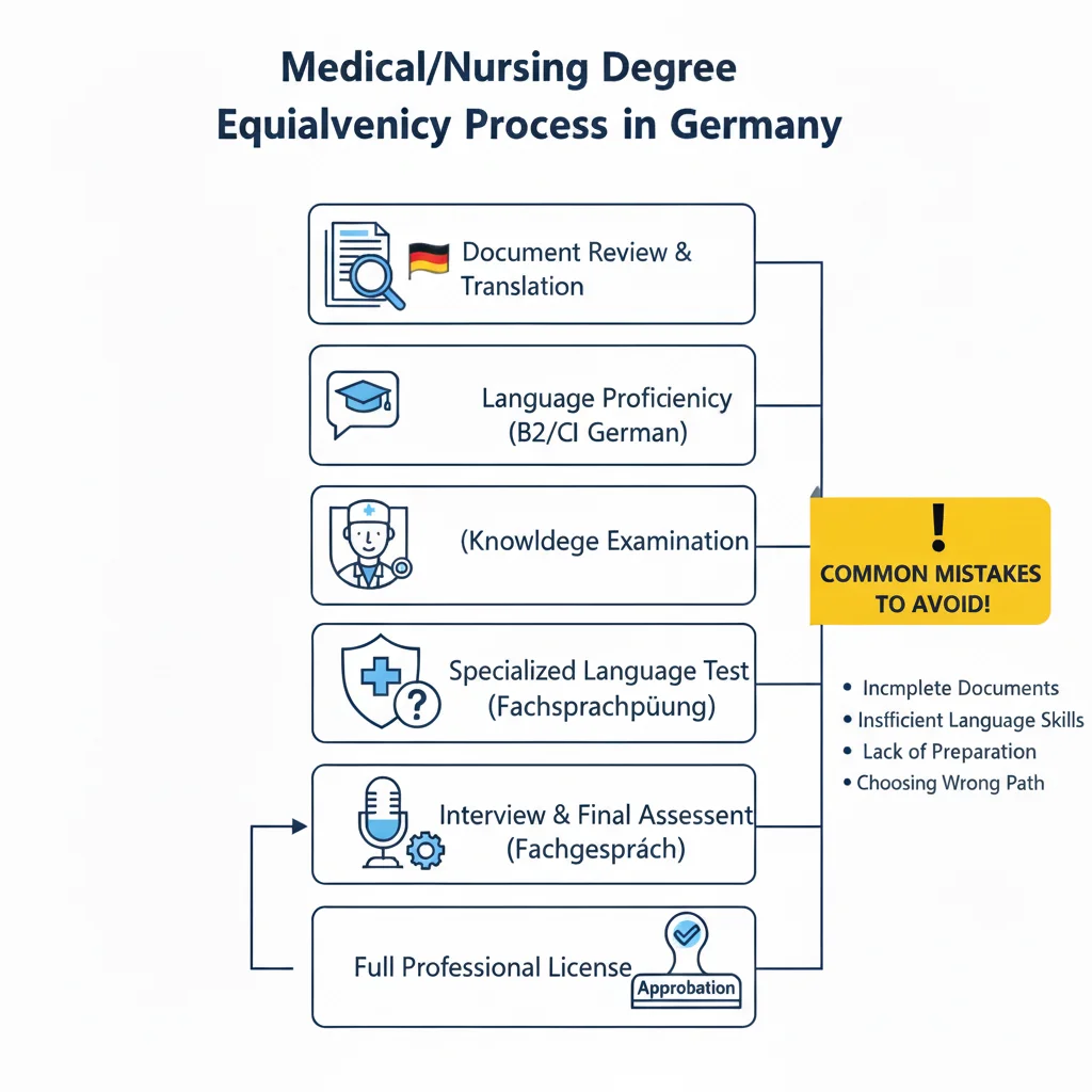 ینفوگرافیک یونیک وکتور: مراحل گام‌به‌گام معادلسازی مدرک پزشکی/پرستاری در آلمان، آیکون‌های مدارک، آزمون Kenntnisprüfung، Fachsprachprüfung، Approbation