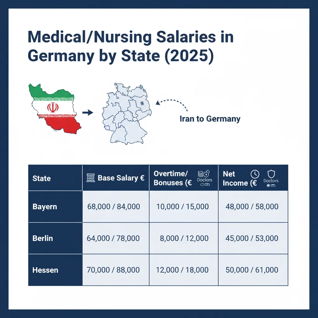 مقایسه حقوق پزشکان/پرستاران در ایالت‌های بایرن، برلین، هسن؛ ستون‌های حقوق پایه، اضافه‌کاری، مالیات.